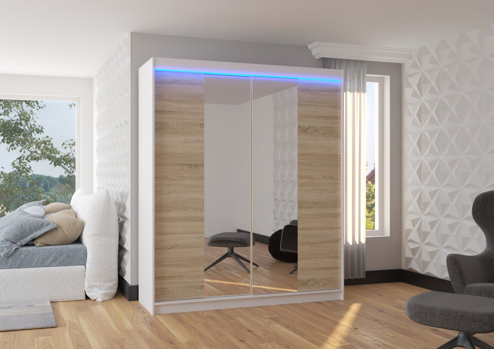 Sliding wardrobe with mirror and LED lighting BALANCE 180 white/Sonoma ADRK - Image 2