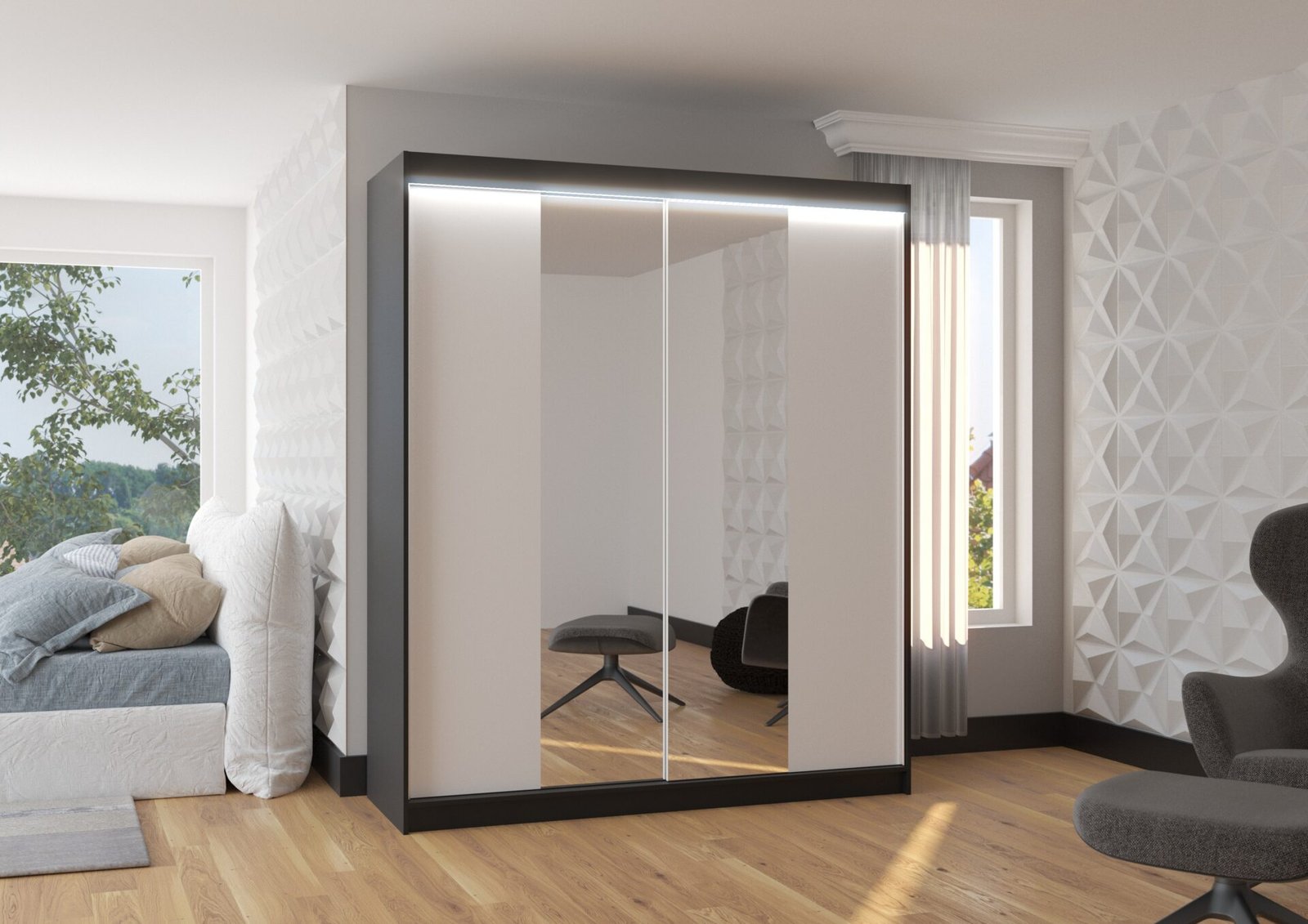 Sliding wardrobe with mirror and LED lighting BALANCE 180 black/white ADRK - Image 2