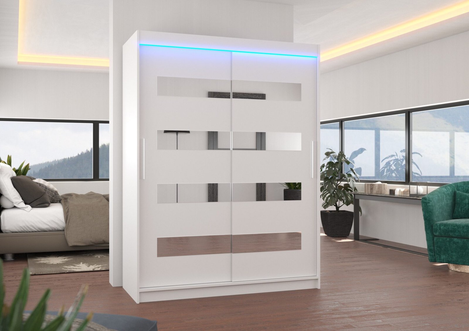 Sliding wardrobe with mirror and LED lighting BALTIC 150 White ADRK - Image 2