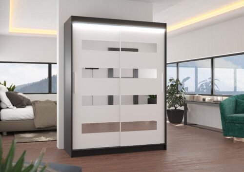 Sliding wardrobe with mirror and LED lighting BALTIC 150 black/white ADRK