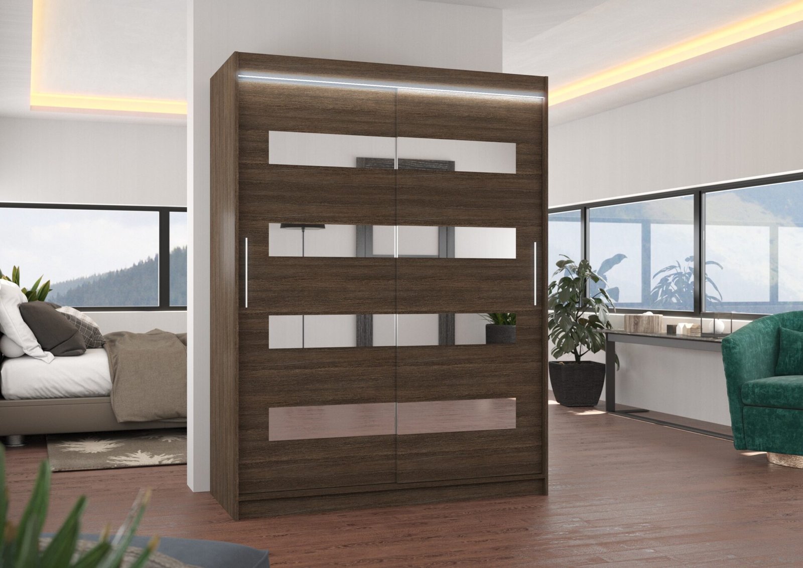 Sliding wardrobe with mirror and LED lighting BALTIC 150 Chocolate ADRK - Image 2