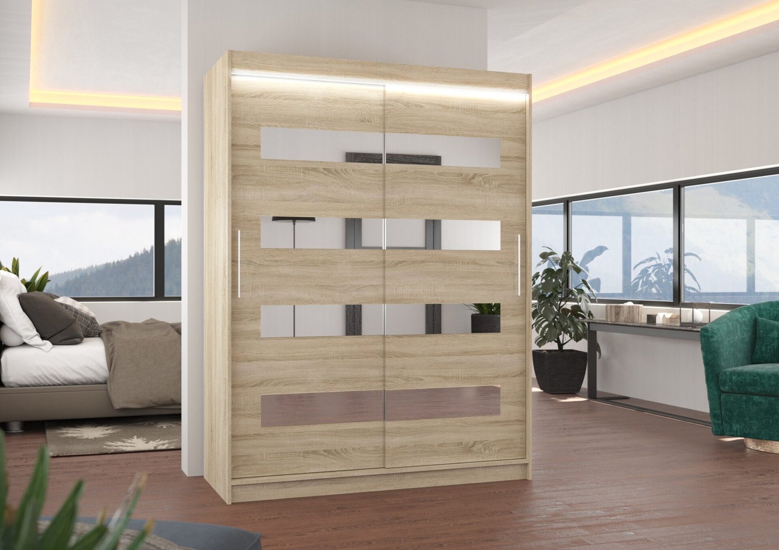 Sliding wardrobe with mirror and LED lighting BALTIC 150 Sonoma ADRK - Image 2