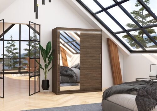 Sliding wardrobe with mirror and LED lighting BIANCO 150 Chocolate ADRK