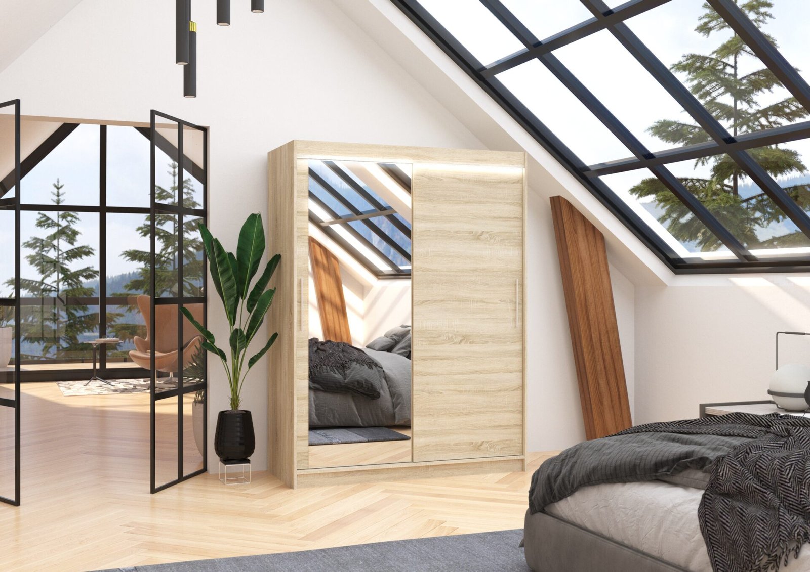 Sliding wardrobe with mirror and LED lighting BIANCO 150 Sonoma ADRK - Image 2