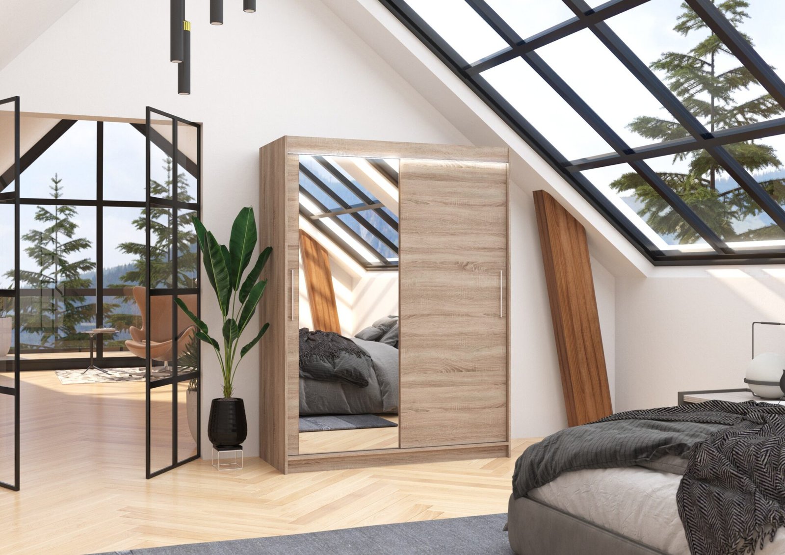 Sliding wardrobe with mirror and LED lighting BIANCO 150 Truffle ADRK - Image 2