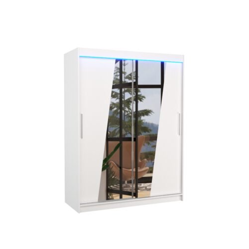 Sliding wardrobe with mirror and LED lighting BOLTON 150 white ADRK
