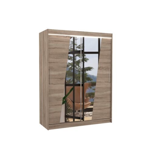 Sliding wardrobe with mirror and LED lighting BOLTON 150 Truffle ADRK