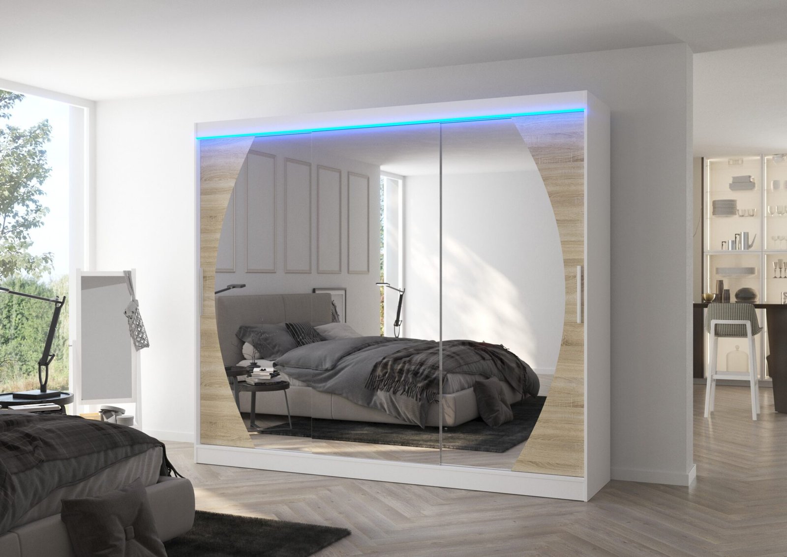 Sliding wardrobe with mirror and LED lighting CAMBE 250 white/Sonoma ADRK - Image 2