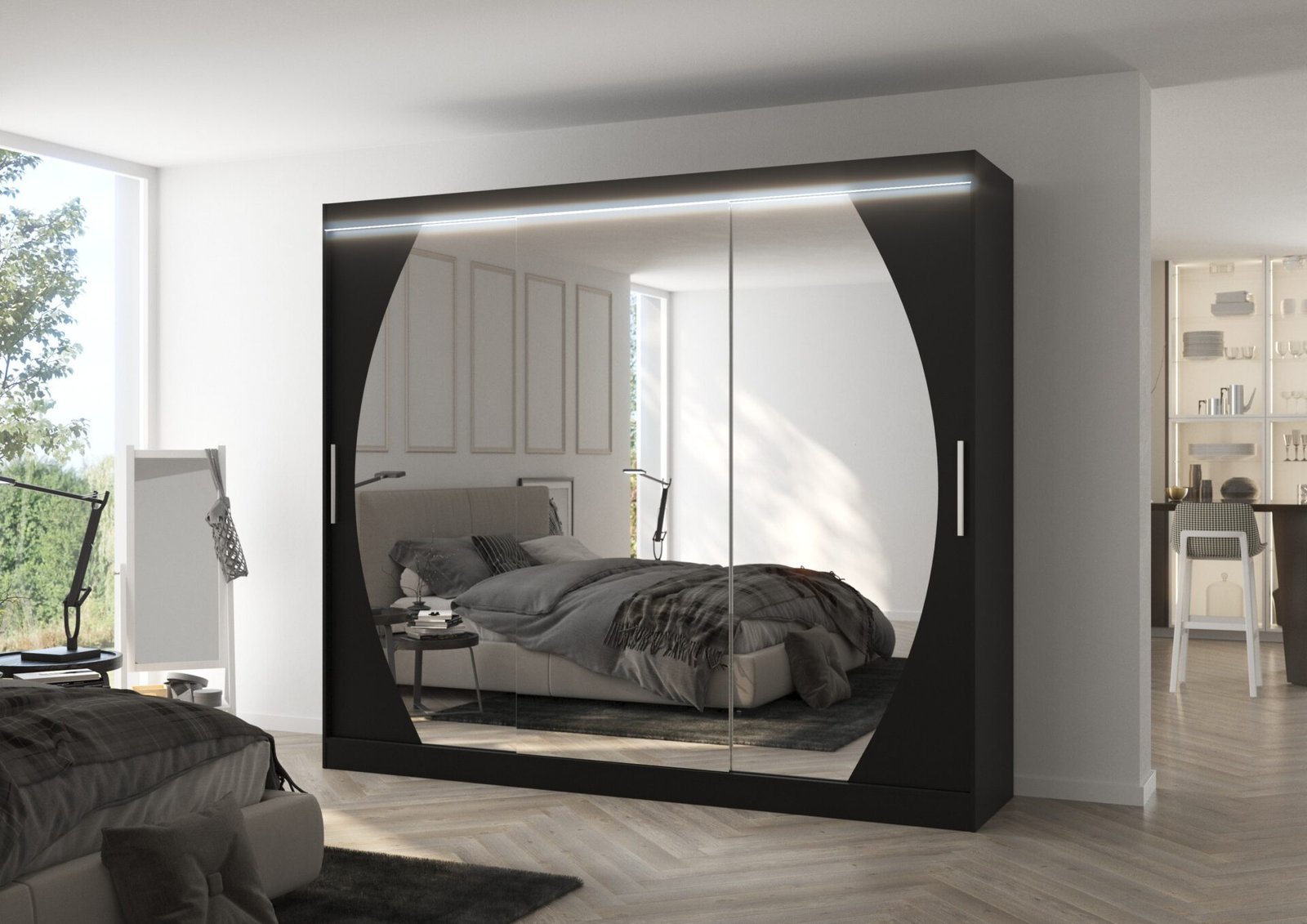 Sliding wardrobe with mirror and LED lighting CAMBE 250 black ADRK - Image 2
