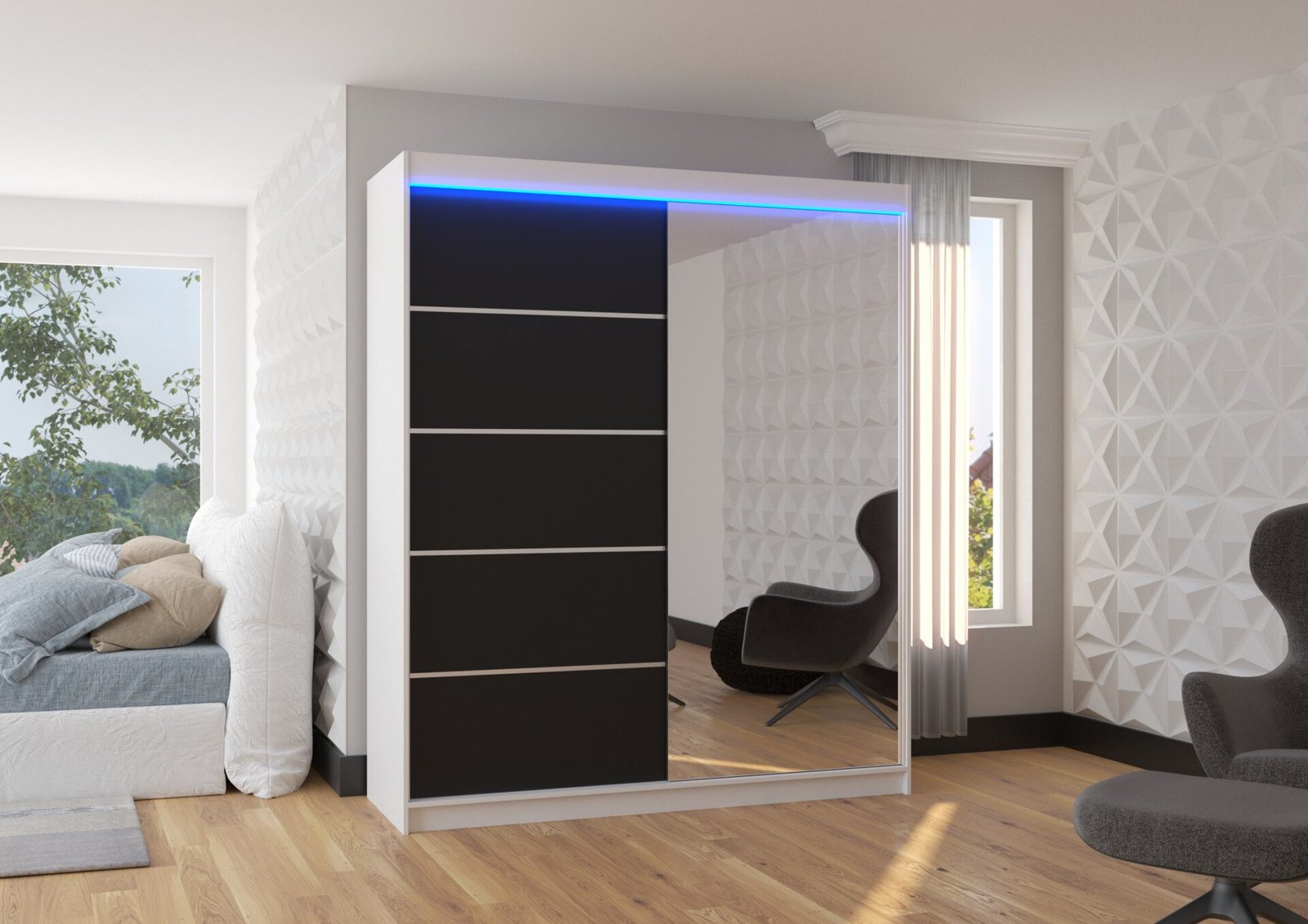 Sliding wardrobe with mirror and LED lighting CARO 180 white/black ADRK - Image 2