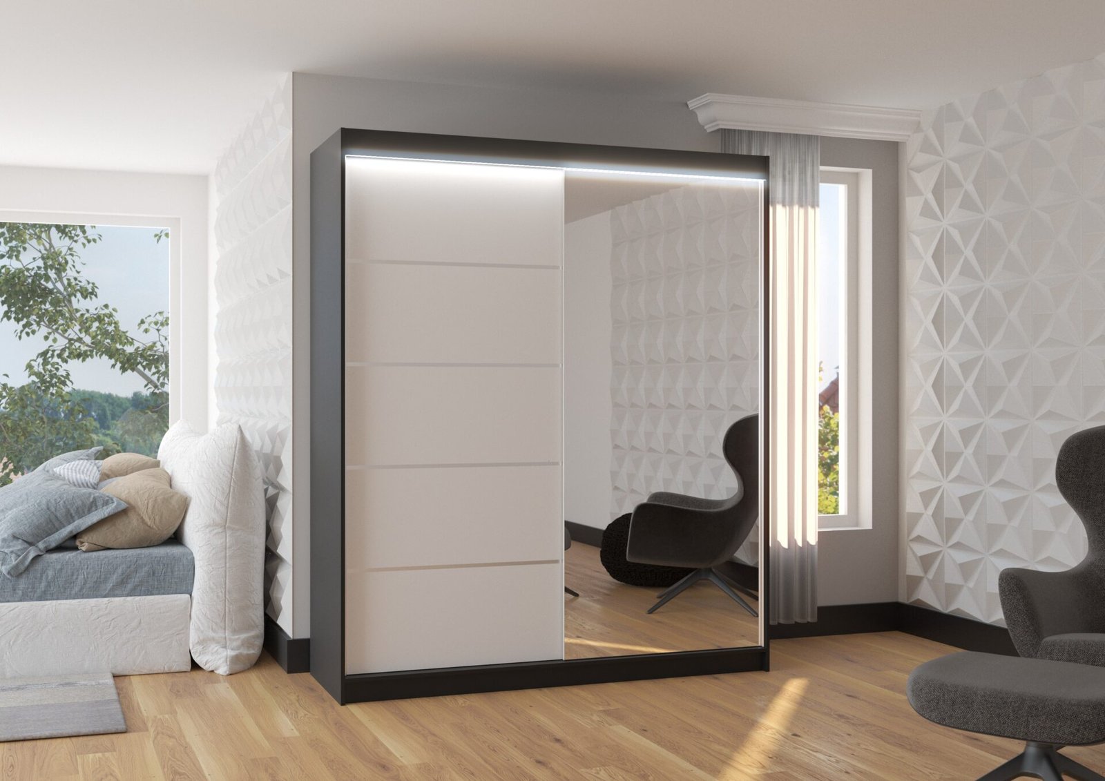 Sliding wardrobe with mirror and LED lighting CARO 180 black/white ADRK - Image 2