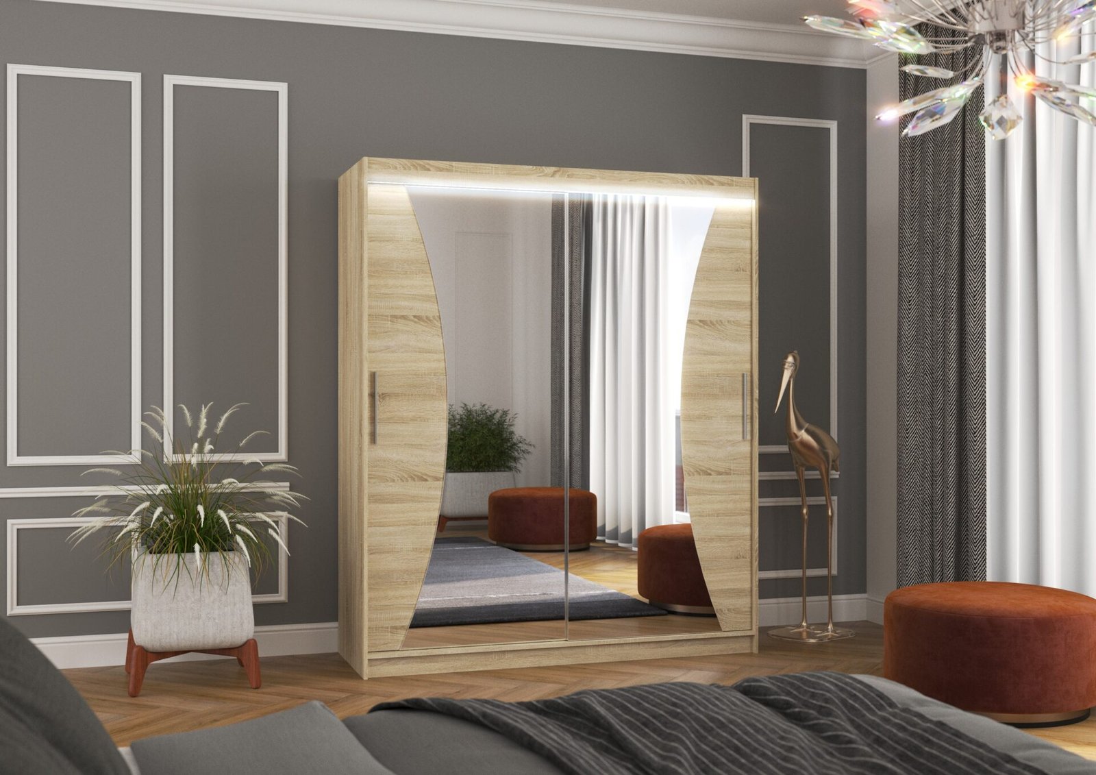 Sliding wardrobe with mirror and LED lighting CHARLOTTE 180 Sonoma ADRK