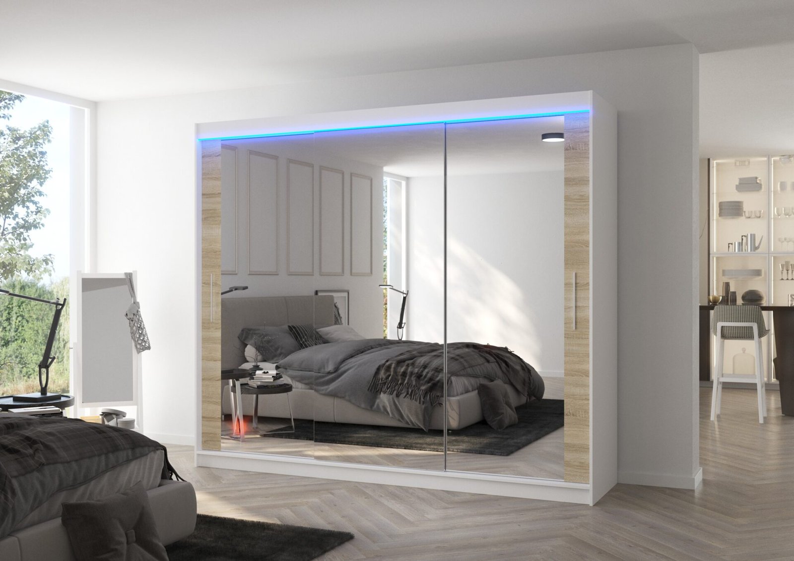 Sliding wardrobe with mirror and LED lighting CHESTER 250 white/Sonoma ADRK - Image 2