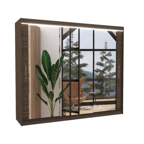 Sliding wardrobe with mirror and LED lighting CHESTER 250 Chocolate ADRK