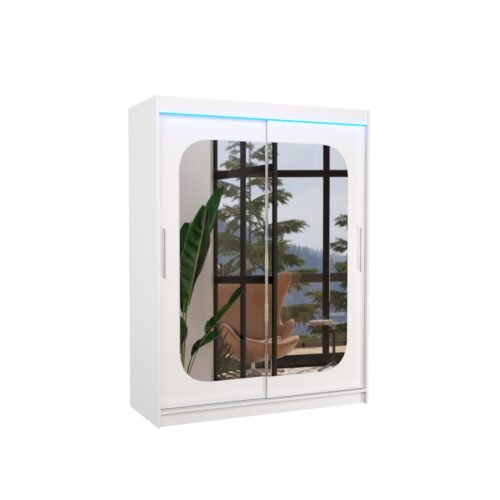 Sliding wardrobe with mirror and LED lighting CLEVER 150 white ADRK