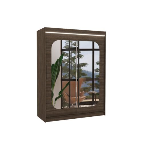 Sliding wardrobe with mirror and LED lighting CLEVER 150 chocolate color ADRK