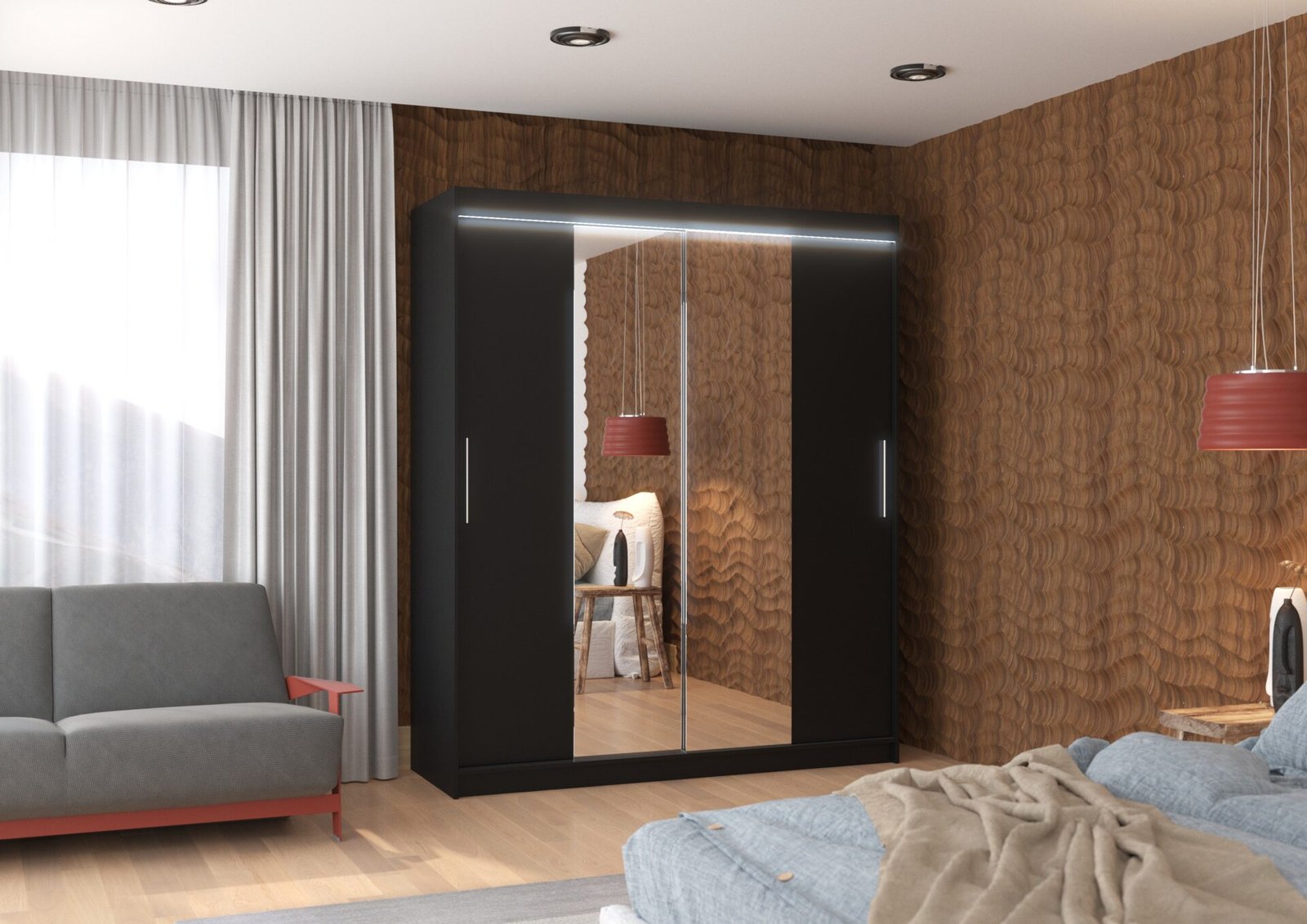 Sliding wardrobe with mirror and LED lighting DALLAS 180 black ADRK - Image 2