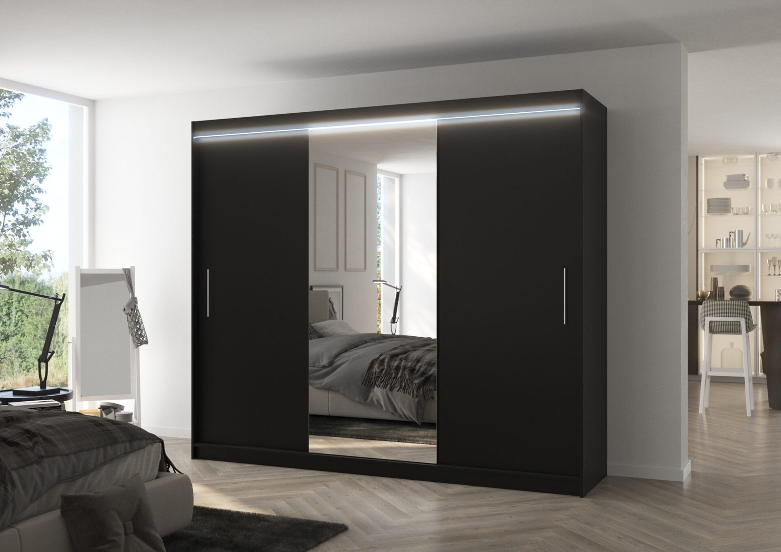 Sliding wardrobe with mirror and LED lighting DENIS 250 black ADRK - Image 2