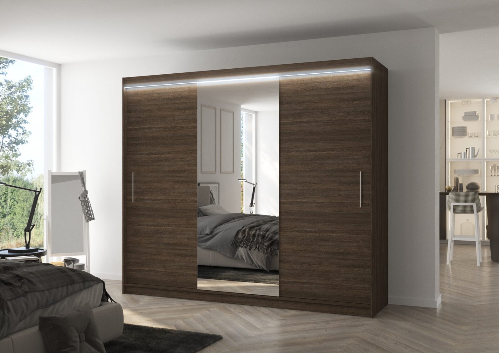 Sliding wardrobe with mirror and LED lighting DENIS 250 chocolate color ADRK - Image 2