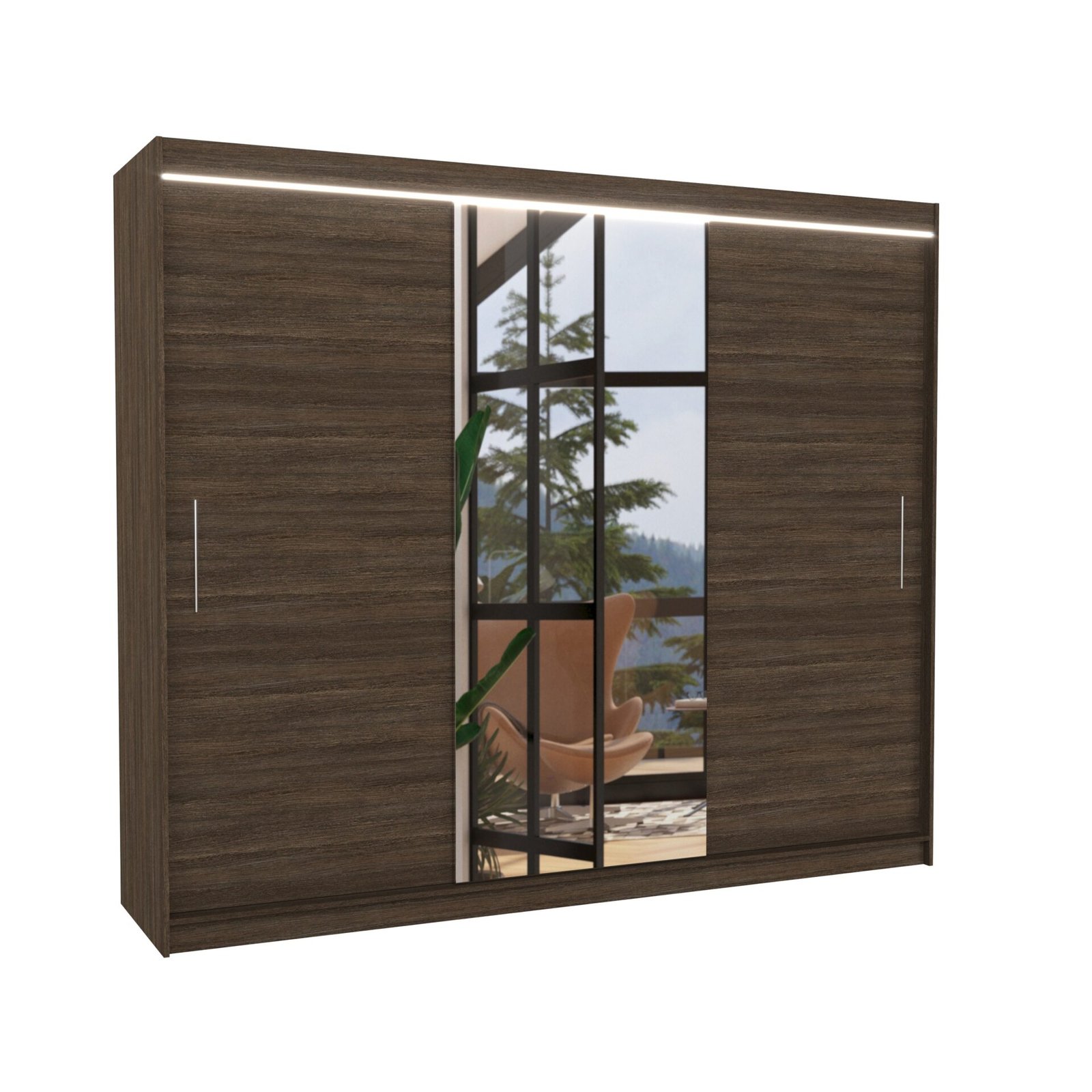 Sliding wardrobe with mirror and LED lighting DENIS 250 chocolate color ADRK