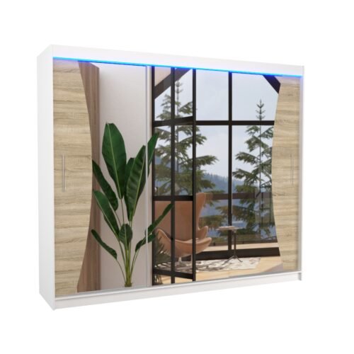 Sliding wardrobe with mirror and LED lighting DIEGO 250 white/Sonoma ADRK
