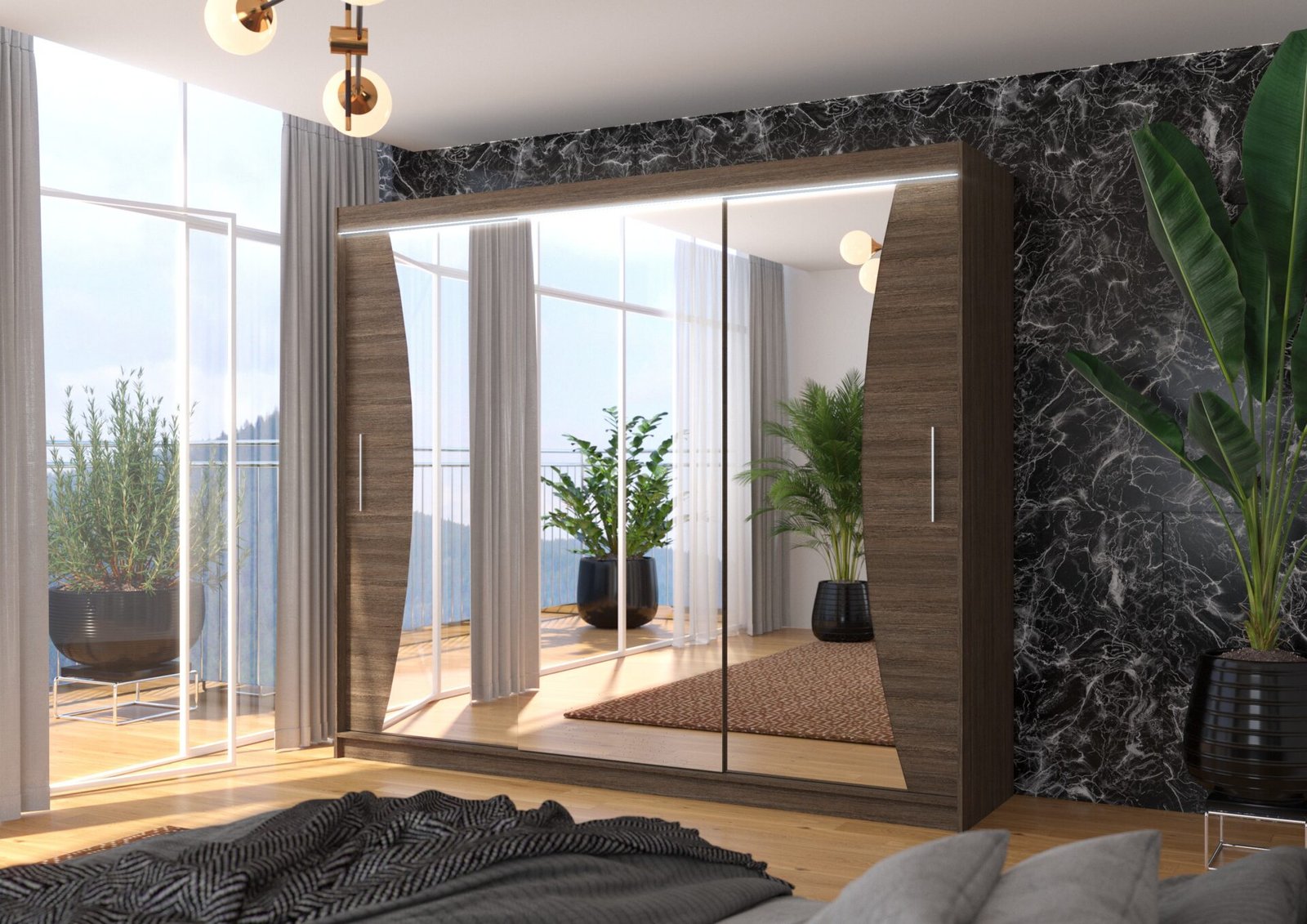 Sliding wardrobe with mirror and LED lighting DIEGO 250 Chocolate ADRK - Image 2