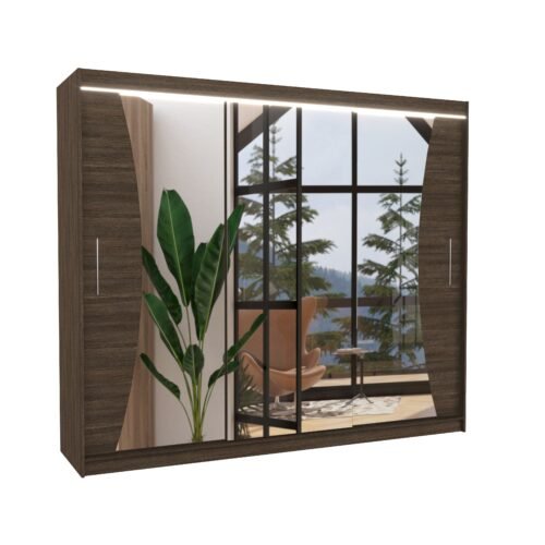 Sliding wardrobe with mirror and LED lighting DIEGO 250 Chocolate ADRK