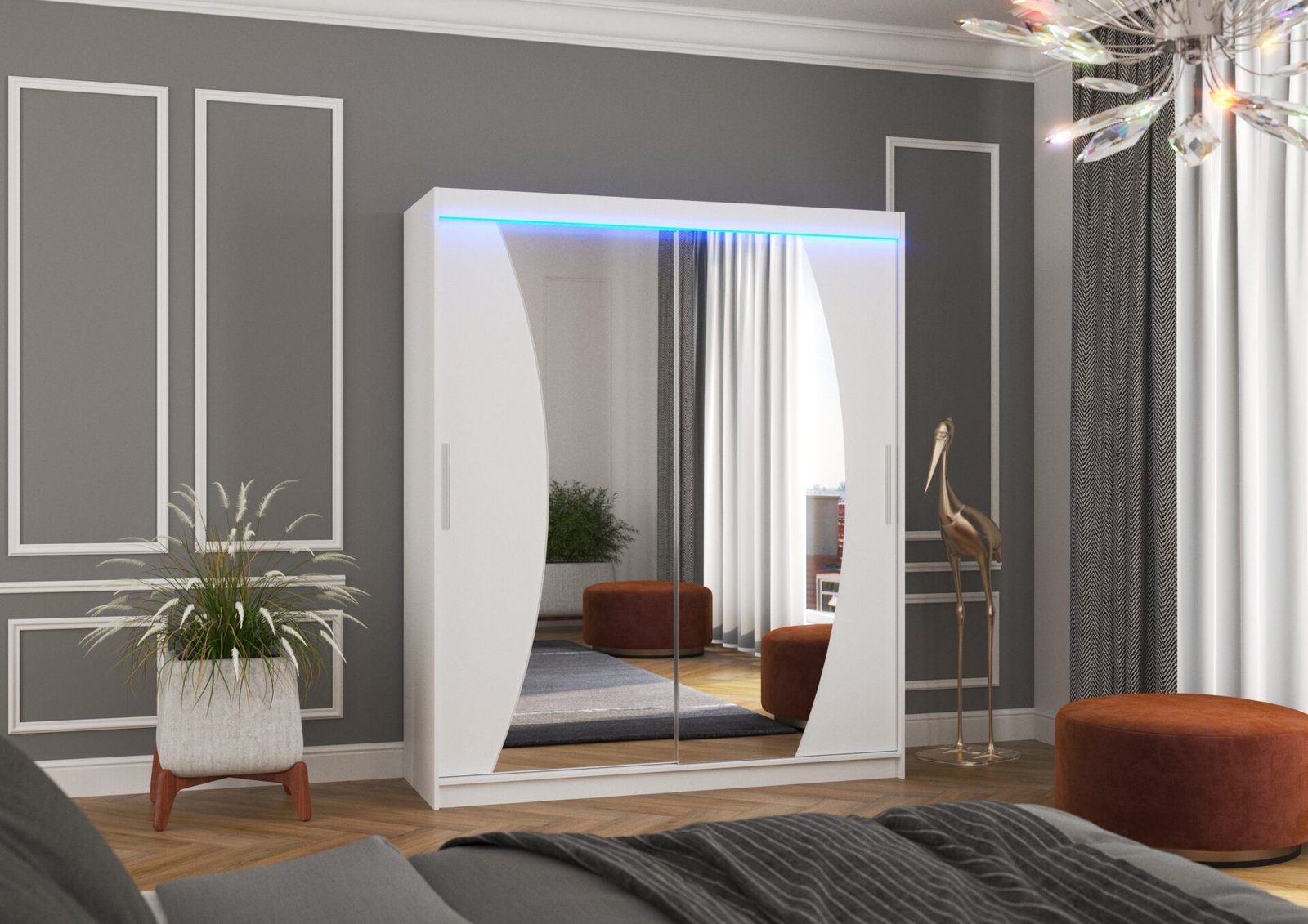 Sliding wardrobe with mirror and LED lighting DOLORES 180 white ADRK - Image 2