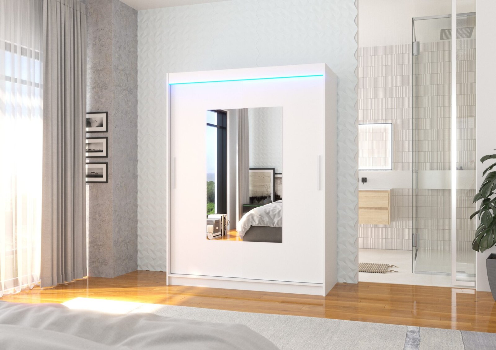 Sliding wardrobe with mirror and LED lighting DORRIGO 150 white ADRK - Image 2
