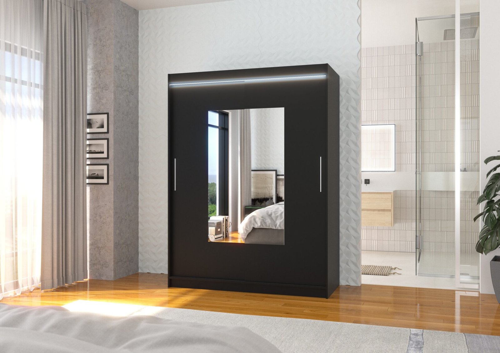 Sliding wardrobe with mirror and LED lighting DORRIGO 150 black ADRK - Image 2