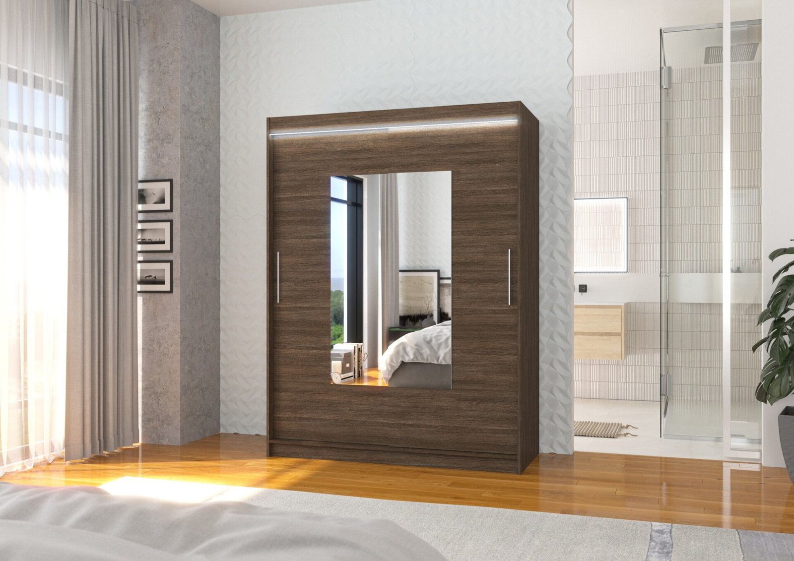 Sliding wardrobe with mirror and LED lighting DORRIGO 150 chocolate color ADRK - Image 2