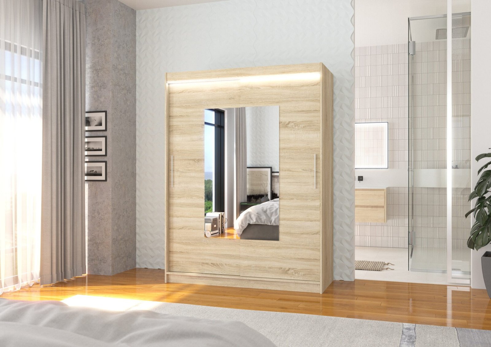 Sliding wardrobe with mirror and LED lighting DORRIGO 150 Sonoma ADRK - Image 2
