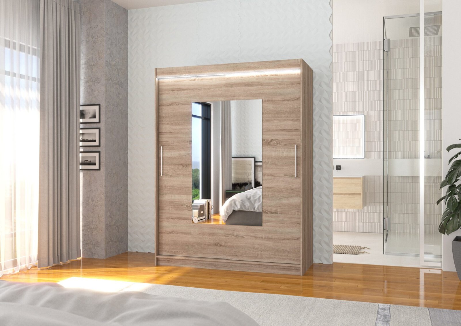 Sliding wardrobe with mirror and LED lighting DORRIGO 150 Truffle ADRK - Image 2