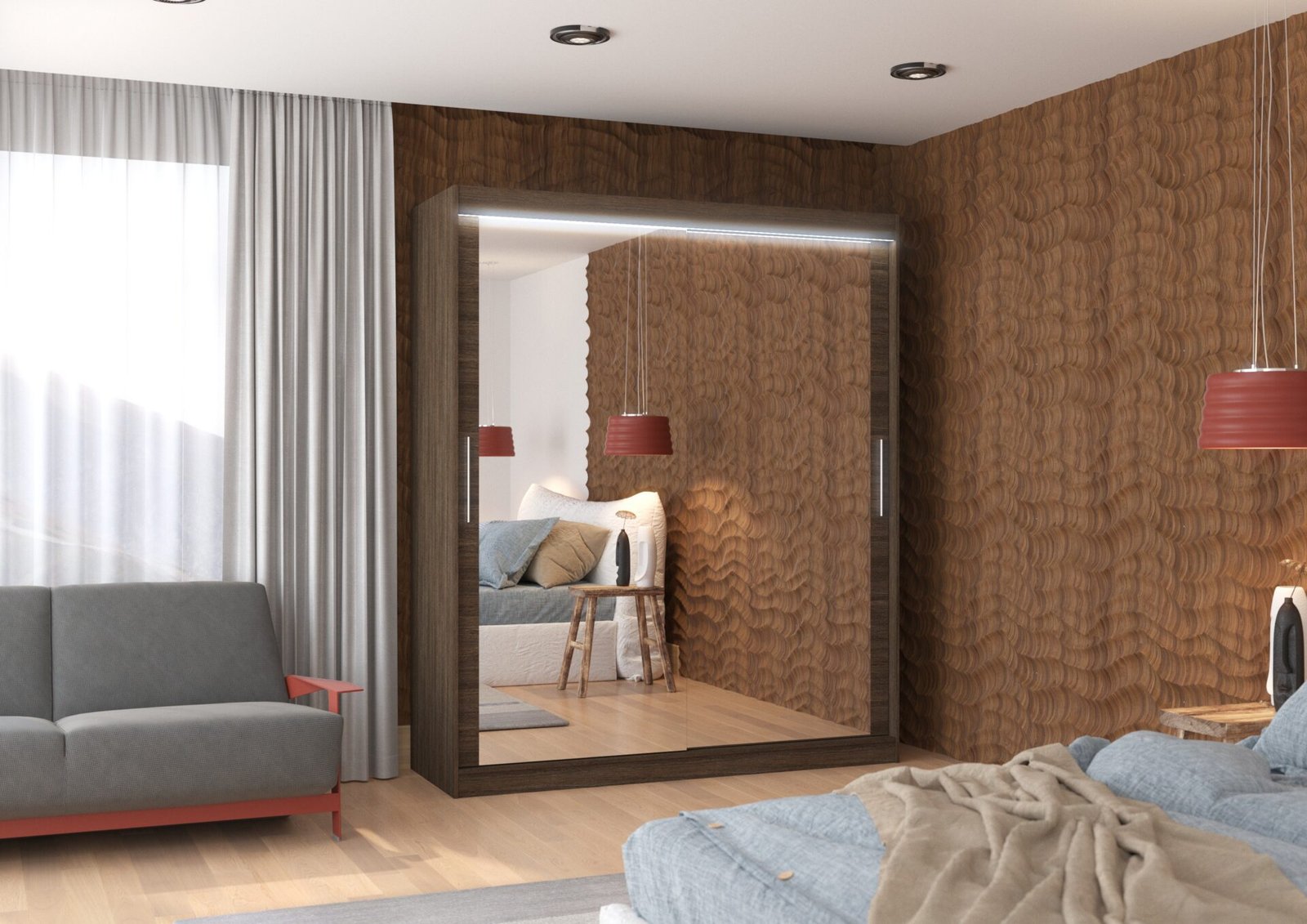 Sliding wardrobe with mirror and LED lighting ETTORE 180 chocolate color ADRK - Image 2