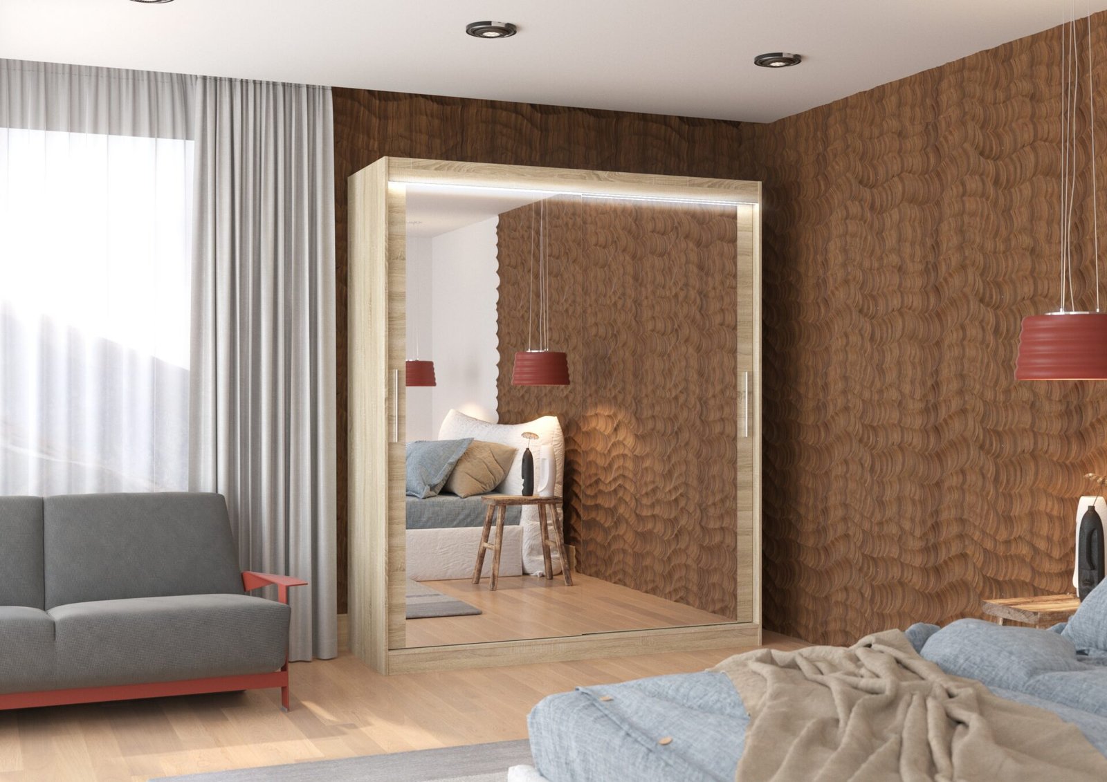 Sliding wardrobe with mirror and LED lighting ETTORE 180 Sonoma ADRK - Image 2