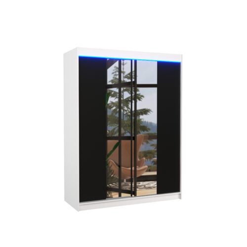 Sliding wardrobe with mirror and LED lighting FEVER 150 white/black ADRK