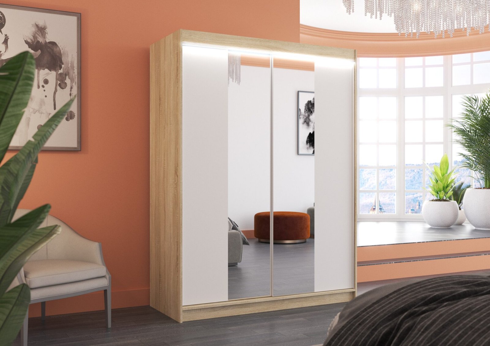 Sliding wardrobe with mirror and LED lighting FEVER 150 Sonoma/White ADRK - Image 2