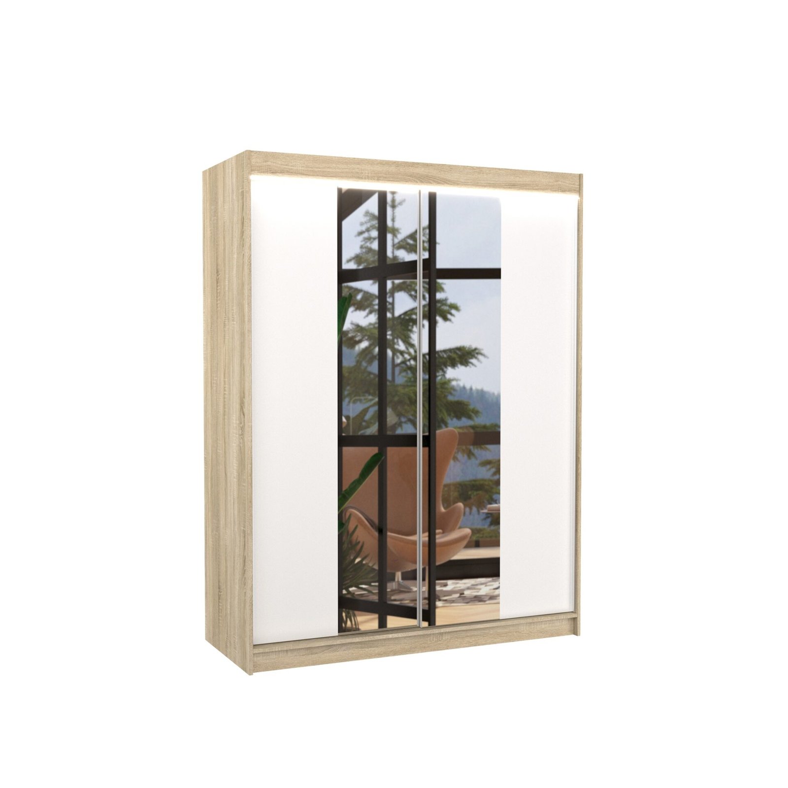 Sliding wardrobe with mirror and LED lighting FEVER 150 Sonoma/White ADRK