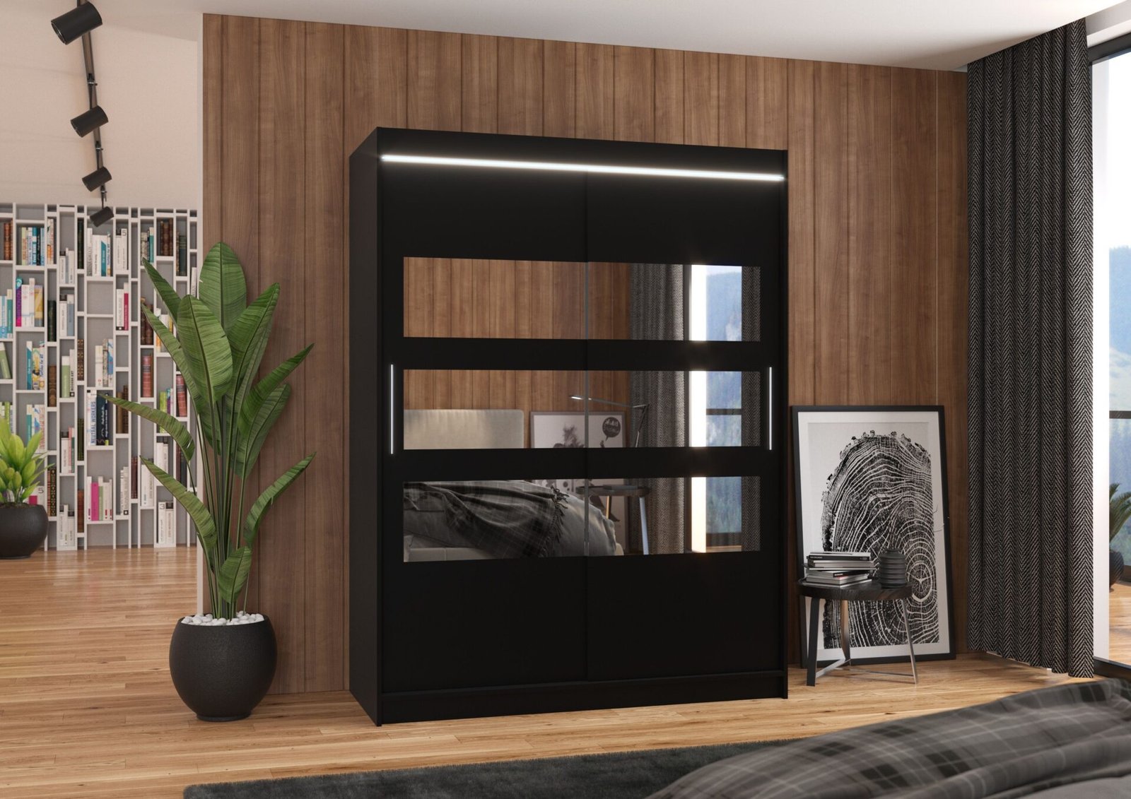 Sliding wardrobe with mirror and LED lighting FLORENTO 150 black ADRK - Image 2