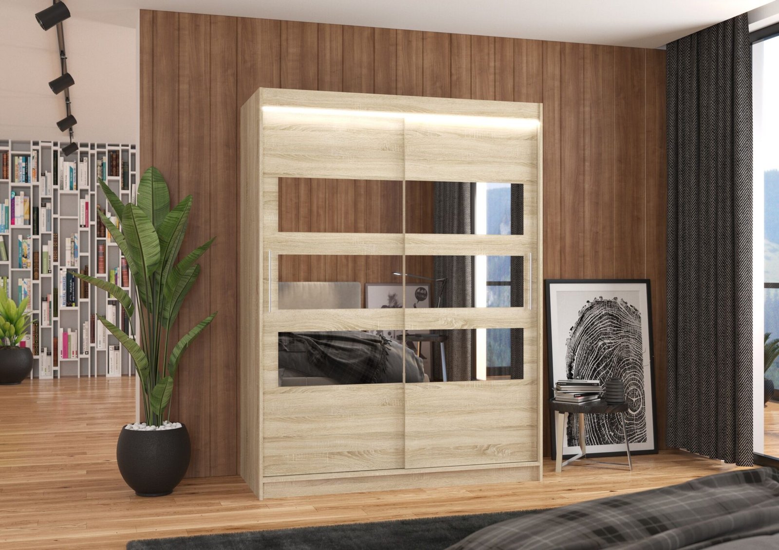 Sliding wardrobe with mirror and LED lighting FLORENTO 150 Sonoma ADRK - Image 2