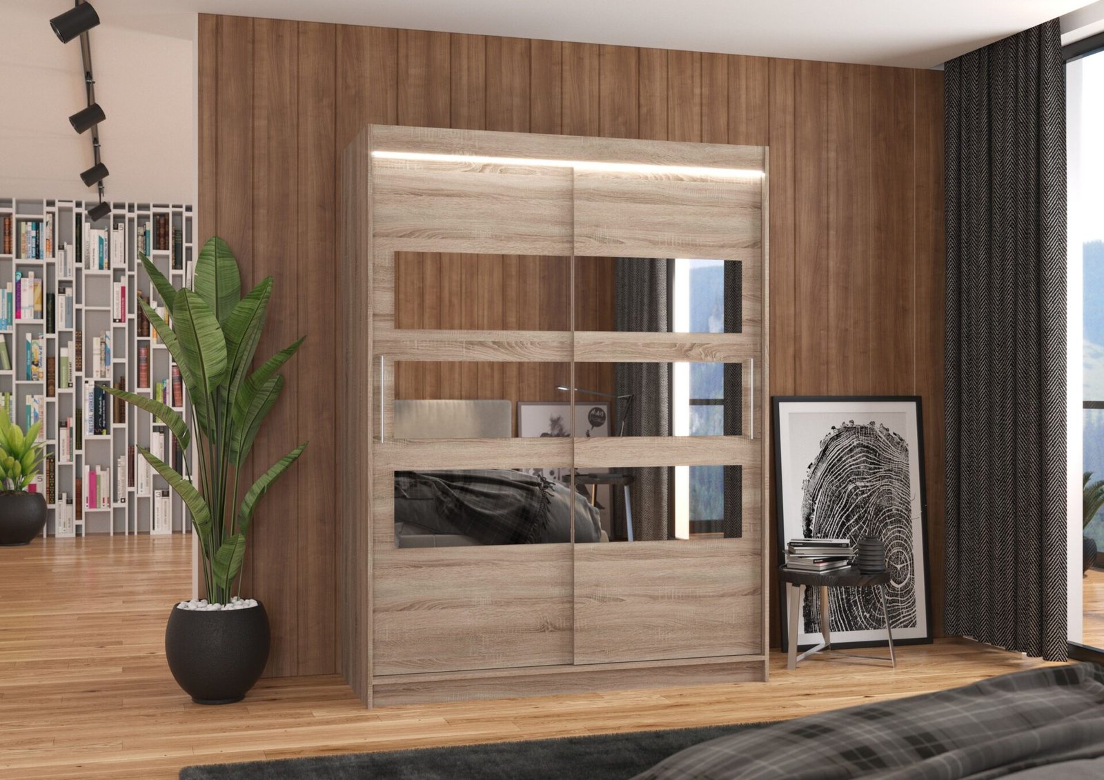 Sliding wardrobe with mirror and LED lighting FLORENTO 150 Truffle ADRK - Image 2