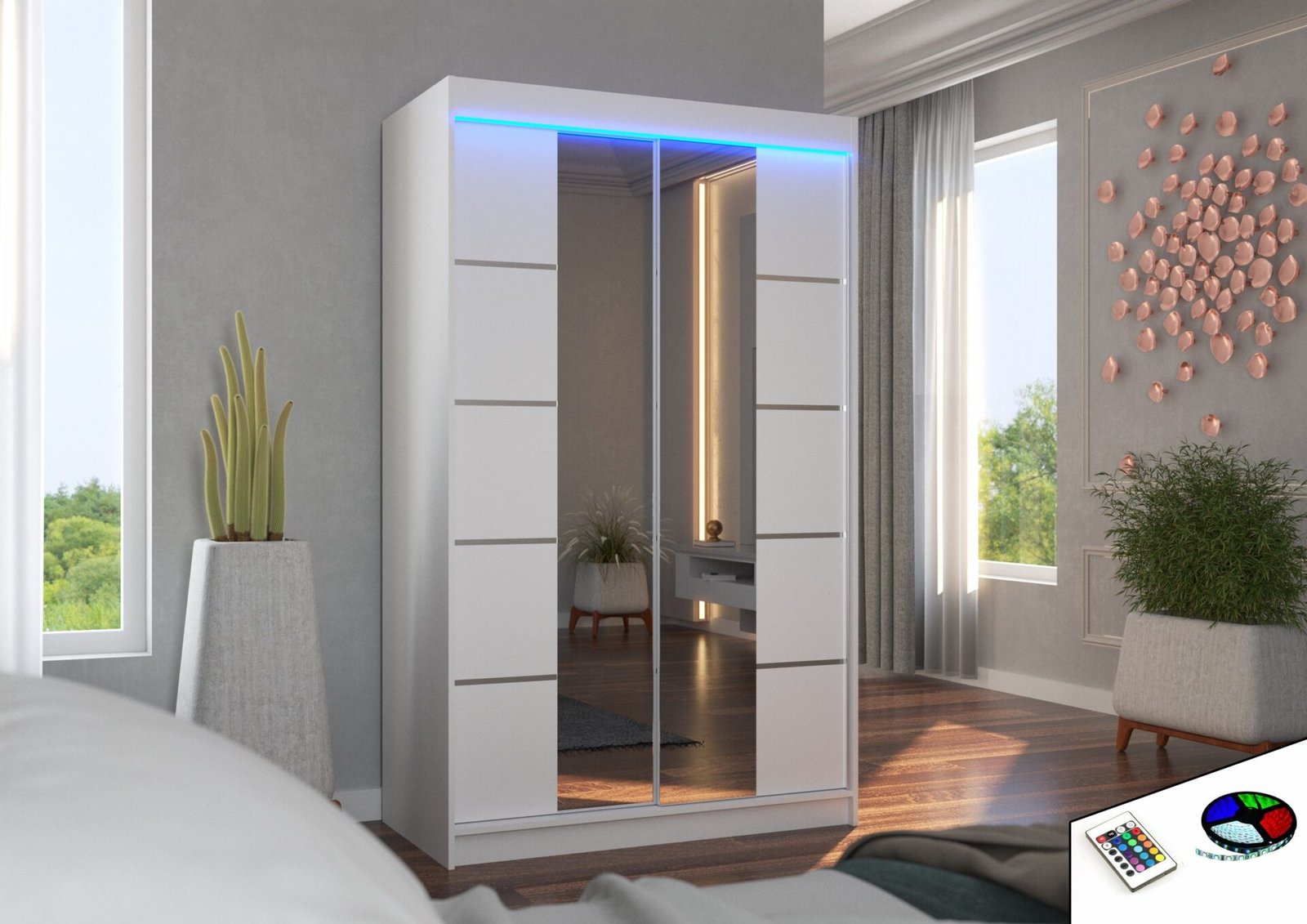 Sliding wardrobe with mirror and LED lighting GENUA 120 white ADRK - Image 2