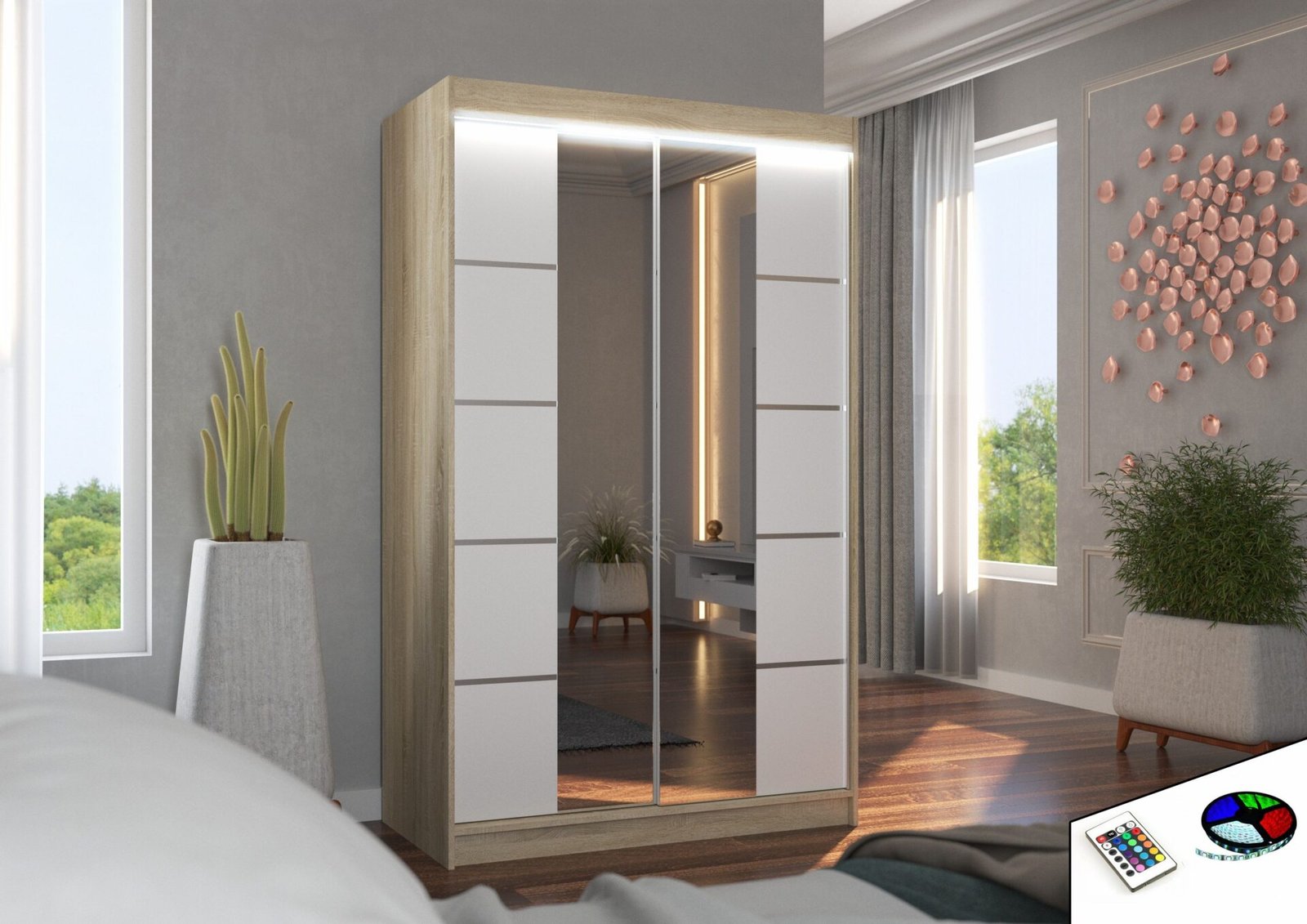 Sliding wardrobe with mirror and LED lighting GENUA 120 Sonoma/White ADRK - Image 2