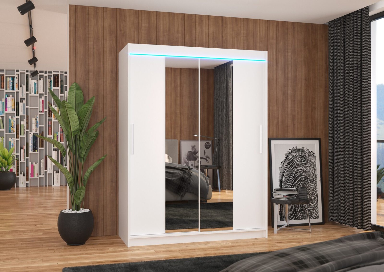 INESS 150 White ADRK Sliding Wardrobe with Mirror and LED Lighting - Image 2