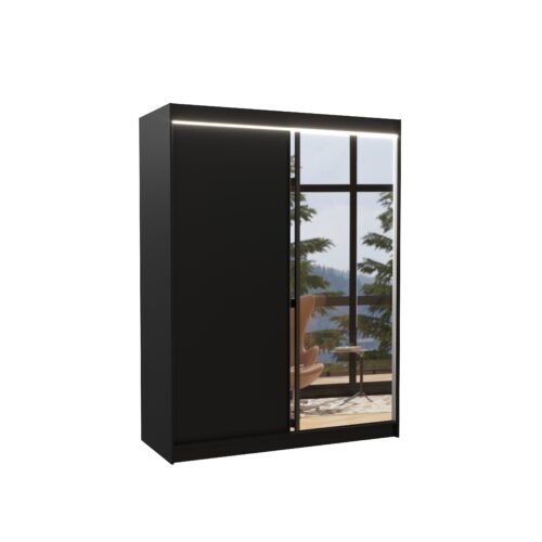 Sliding wardrobe with mirror and LED lighting JORDI 150 black ADRK