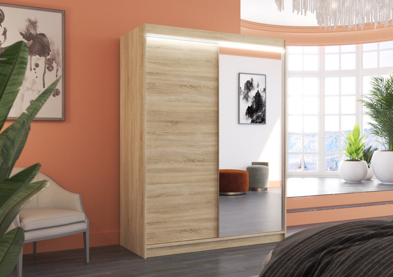 Sliding wardrobe with mirror and LED lighting JORDI 150 Sonoma ADRK - Image 2