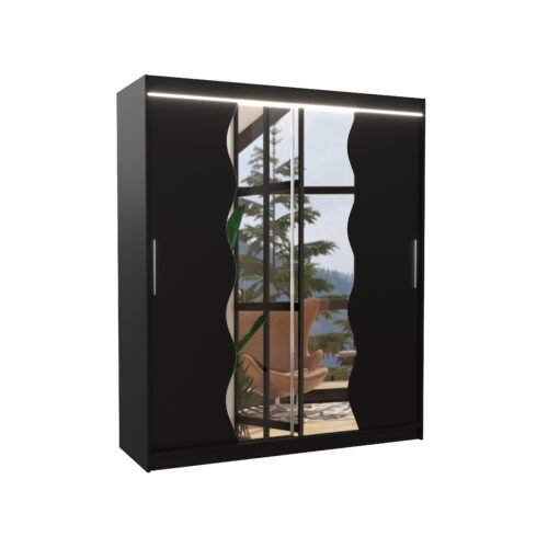 Sliding wardrobe with mirror and LED lighting KANSAS 180 black ADRK