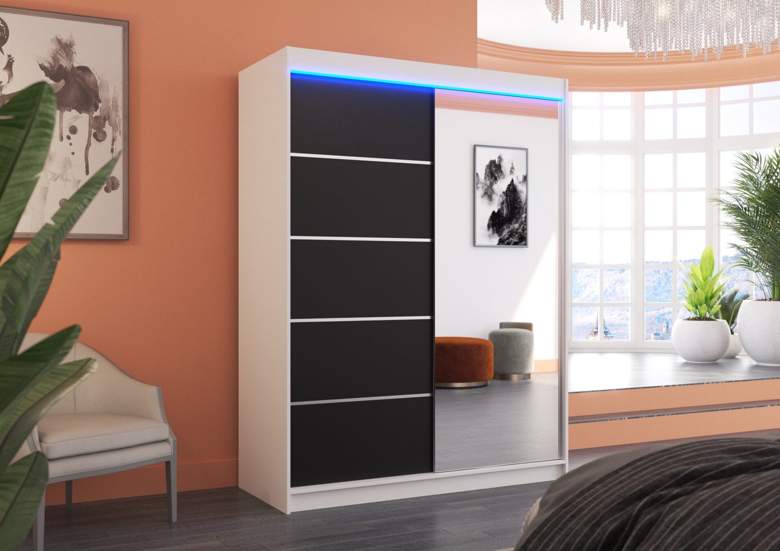 Sliding wardrobe with mirror and LED lighting LIMBO 150 white/black ADRK - Image 2