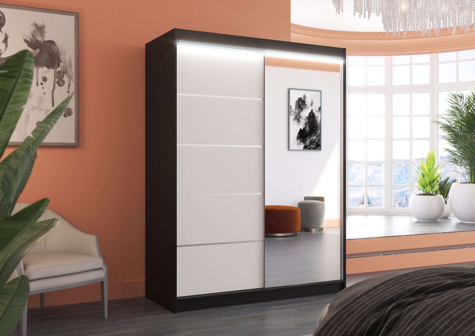 Sliding wardrobe with mirror and LED lighting LIMBO 150 black/white ADRK - Image 2