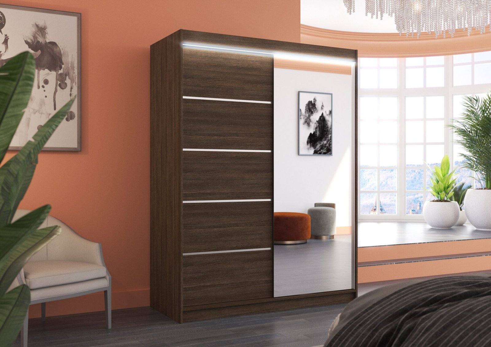 Sliding wardrobe with mirror and LED lighting LIMBO 150 chocolate color ADRK - Image 2